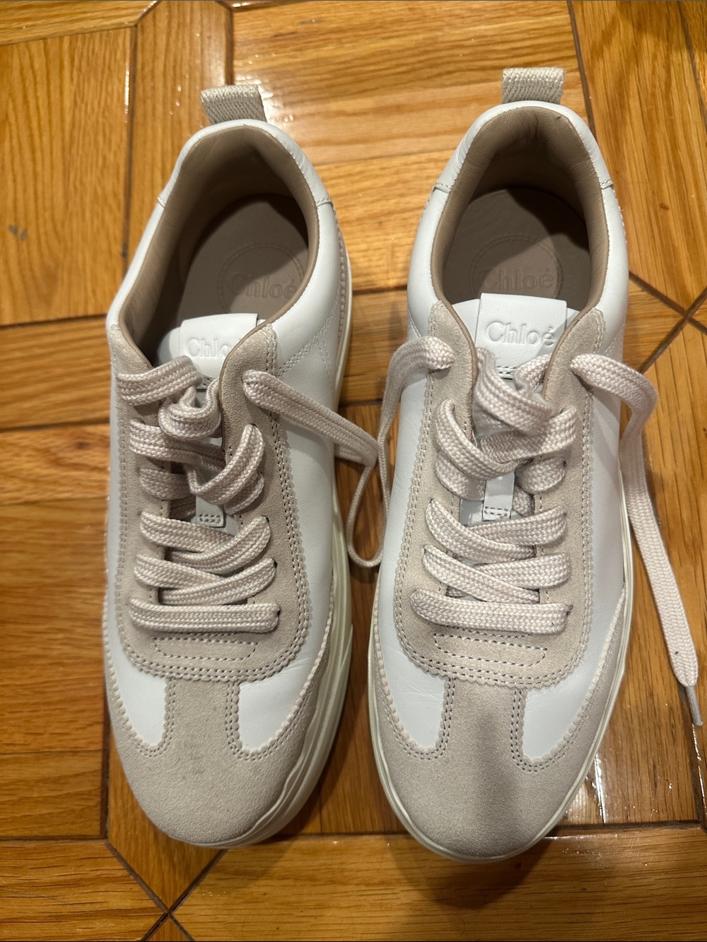 Chloe Beige and White Leather & Suede Low-Top Sneakers